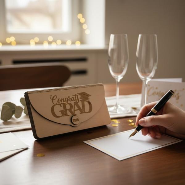 Holz-Umschlag aus Sperrholz mit gelaserter Aufschrift ‚Congrats Grad‘ und Jahreszahl